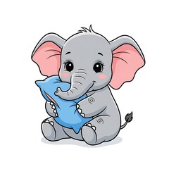 Obraz premium Cute cartoon elephant with blue pillow.