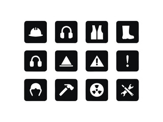 Hard hat PPE risk alert Black and white safety and warning symbols set with twelve on a grid