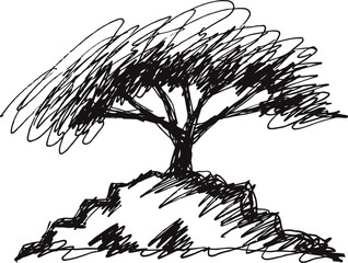 Fototapeta premium hand drawn sketch of a tree on a rocky hill with dense foliage in black ink