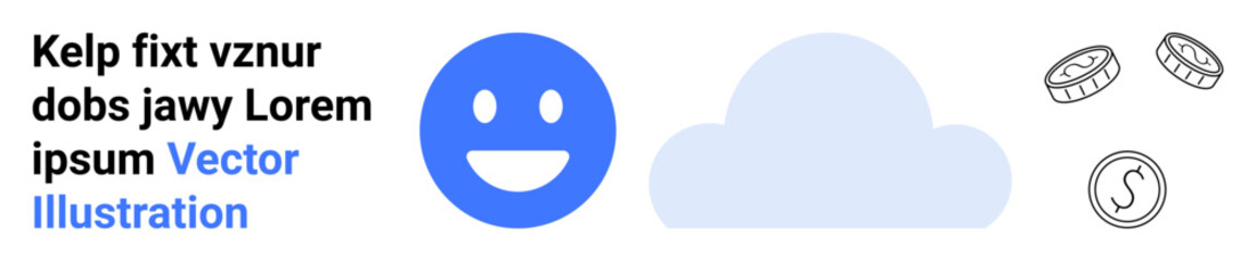 Fototapeta premium Digital economy, cloud storage, cryptocurrency, positive emotions, financial services, data security. Blue smiling face, cloud and coin icons. Digital economy and cloud storage concepts