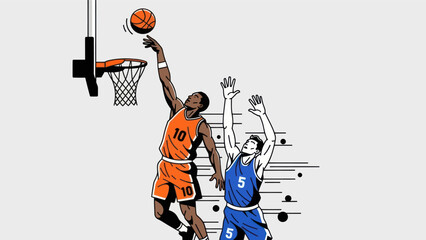 Basketball players in action dunking a ball into the hoop vector illustration © Fa
