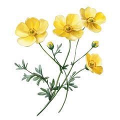 Fototapeta premium Buttercup Branch, watercolor clipart showcasing whimsical details and harmonious color flow, isolated on a white background.