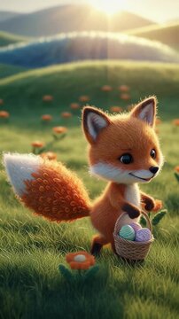 Cute knitted fox with easter basket walking in meadow with sparkling background for kids holiday event. Vertical video