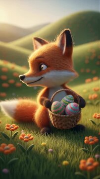 Cute fox with basket of colorful knitted easter eggs sitting in green field with orange flowers at sunrise Vertical video
