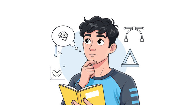 Young man pondering design ideas with book and thought bubble illustration