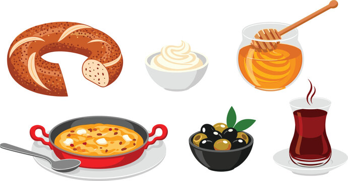 Turkish breakfast spread with simit bread olives honey cheese and tea in glass