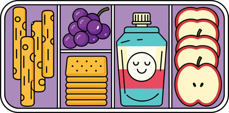 Bento lunch box container with pretzel sticks purple grapes crackers juice box and apple slices background