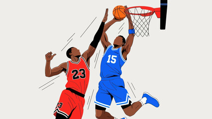 Basketball players in action dunking and blocking in colorful graphic illustration © Fa