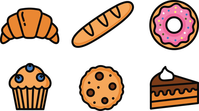 Bakery product icon set featuring croissant baguette donut cupcake cookie and chocolate cake slice on grid