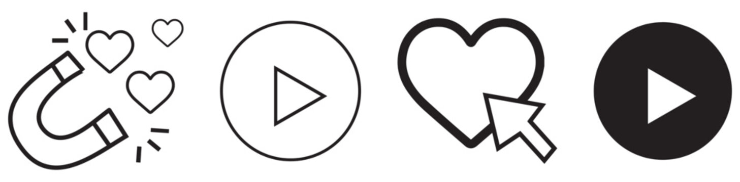 Play button icons with hearts and thumbs up