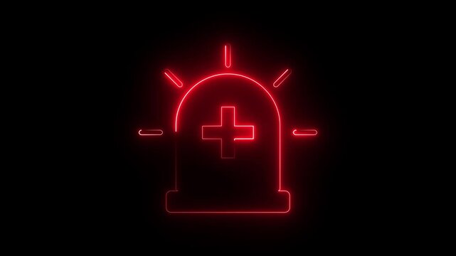 Red Neon Emergency Siren with Medical Cross Glowing Alarm Icon on Dark Background.