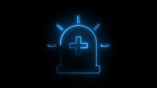 Blue Neon Emergency Siren with Medical Cross Glowing Alarm Icon on Dark Background.