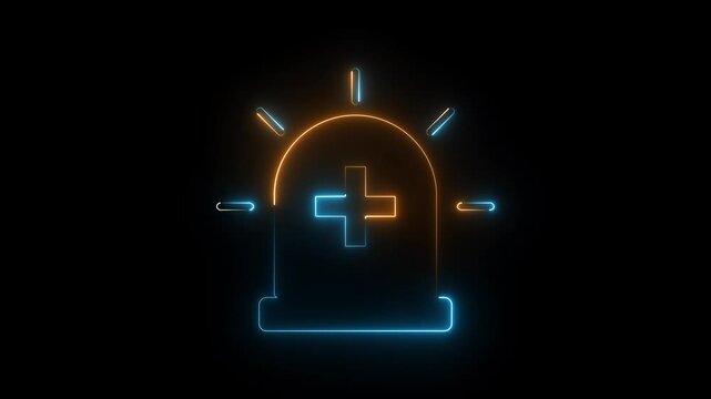 Blue and Yellow Neon Emergency Siren with Medical Cross Glowing Alarm Icon on Dark Background.