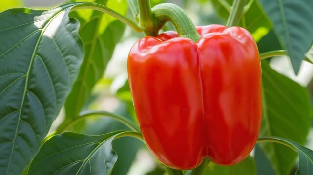 Fresh red bell pepper growing on plant in sunlight  