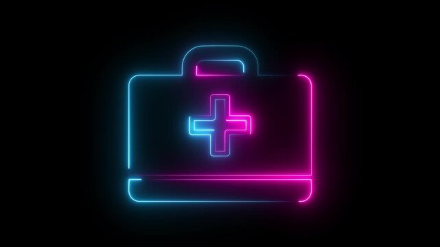 Pink and Blue Neon Medical Briefcase with Healthcare Cross Glowing First Aid Kit on Dark.