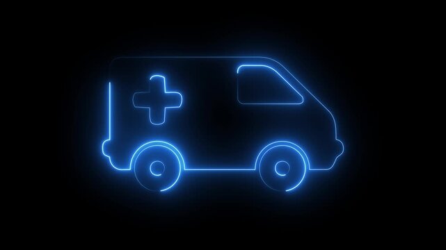 Blue Neon Ambulance with Medical Cross Glowing Emergency Vehicle Icon on Dark Background.