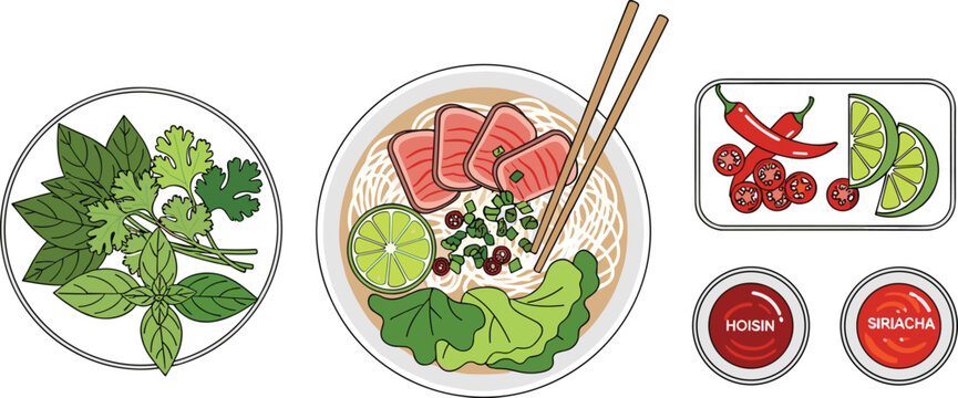 Pho soup with fresh herbs, sauces, and garnishes, vietnamese noodle dish with chopsticks