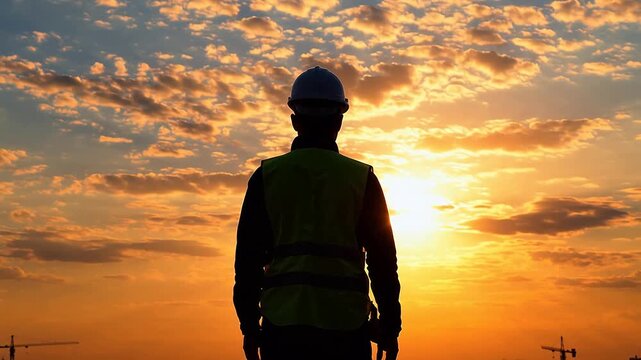 Worker in safety gear at sunset