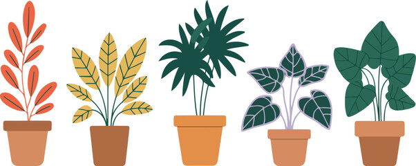 Indoor Houseplant Vector Set Featuring Potted Decorative Plants and Tropical Foliage for Home Interior, Botanical, and Modern Flat Illustration Design Projects