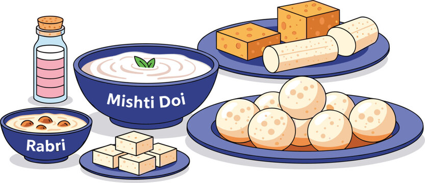 Assortment of Indian sweets rabri, mishti doi, and other desserts on transparent background