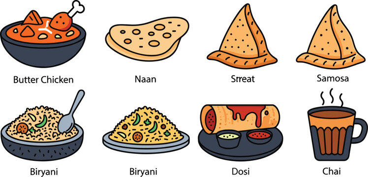 Indian cuisine collection featuring butter chicken naan samosa biryani dosa and traditional chai tea icons