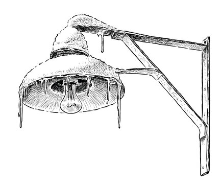 Street light old frozen, realistic sketch, retro lantern, vector hand drawing isolated on white background