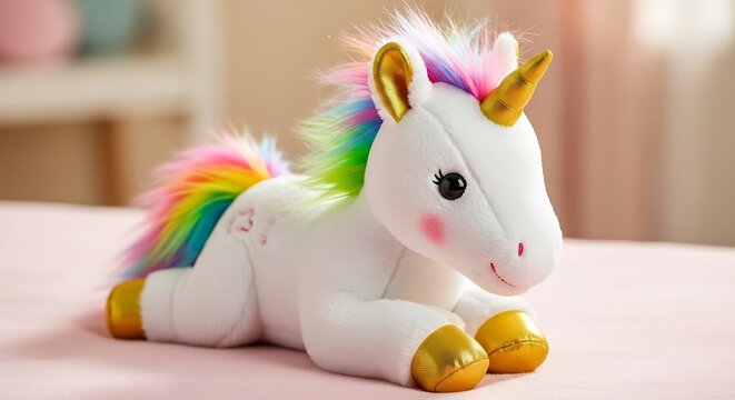 A colorful unicorn stuffed toy lying on a pink surface in a room