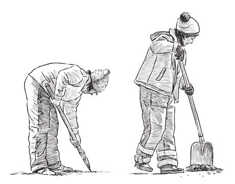 Two gardeners, street cleaners, women janitors at work, realistic sketch, vector hand drawn illustration isolated on white background
