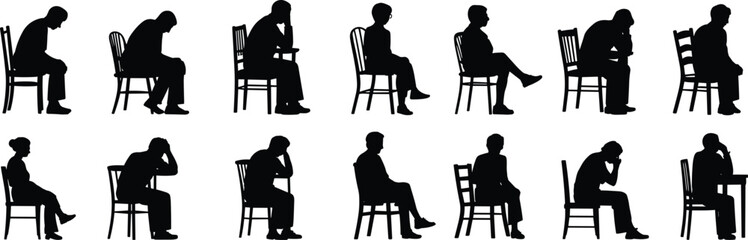Fototapeta premium Black silhouettes of people sitting in chairs in different poses including resting and thinking isolated on white background for design