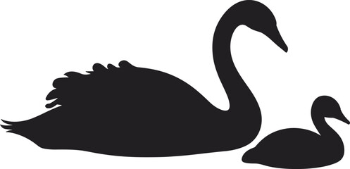 Black silhouettes of a large swan and a small cygnet swimming together isolated on white background for nature and wildlife design © MDMAHINUR