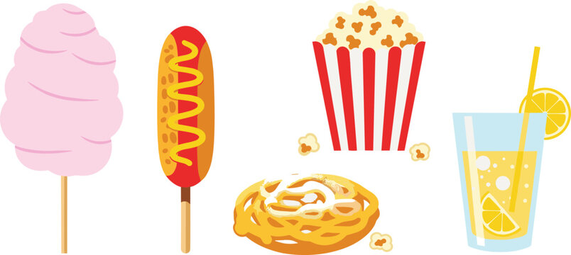 Collection of carnival food items including cotton candy corn dog popcorn and lemonade vector