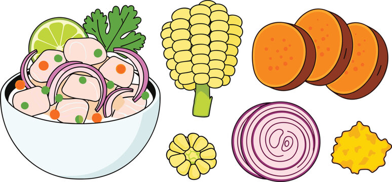 Collection of traditional peruvian ceviche food dish and its ingredients on transparent background