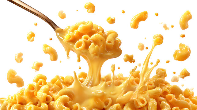 Classic american cheesy Macaroni mac and cheese, many angles view side top bowl spoon fork dropping splash flying isolated on a white background