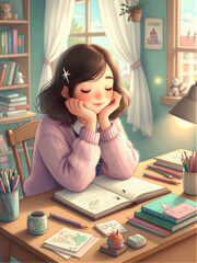 Dreamy Girl Studying and Daydreaming in Cozy Bedroom Study Nook