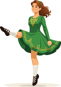 Traditional Irish Step Dancer Girl in Green Dress Isolated on White Background Vector Illustration