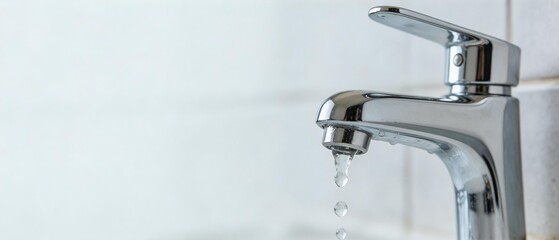 Water drops falling from a modern shiny chrome faucet against a white tiled wall. Plumbing, hygiene, or water conservation concept. Wide banner with copy space