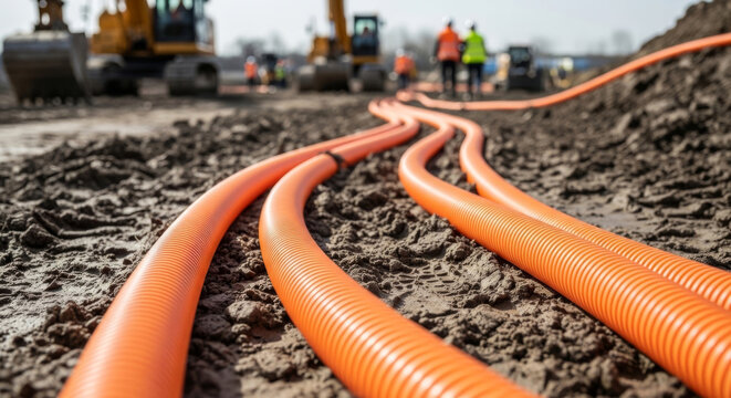 Construction Site Featuring Bright Orange Flexible Tubing on Rough Soil, with Workers and Machinery in the Background