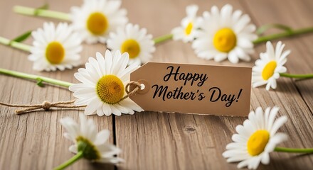 Obraz premium A beautiful arrangement of daisies with a happy mother's day card on a wooden table.