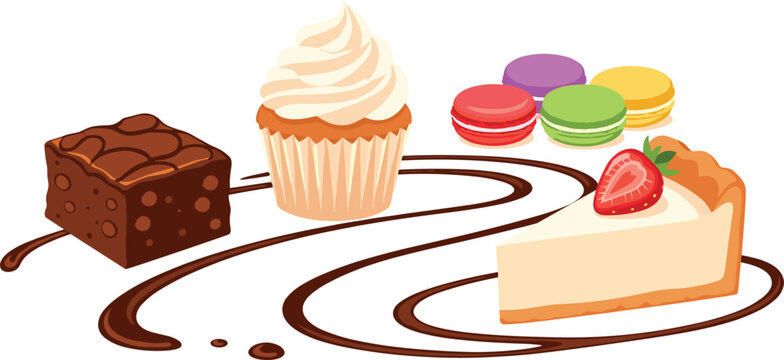 Assorted sweet desserts featuring cheesecake slice with strawberry cupcake and colorful french macarons set