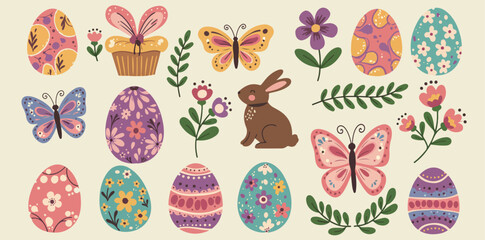 Naklejka premium Easter eggs flowers butterflies and bunny on beige background colorful spring illustrations