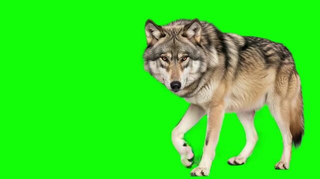 Gray Wolf Walking and Looking Around on Green Screen Background, Isolated Wild Forest Predator 4K Clip