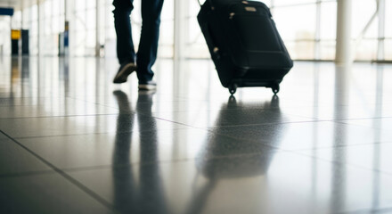 Obraz premium Traveler, Wearing Casual Attire, Strolls Through a Bright Airport Terminal While Pulling a Black Suitcase