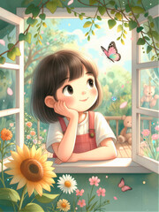 Cute Little Girl Daydreaming by Sunny Spring Window with Flowers