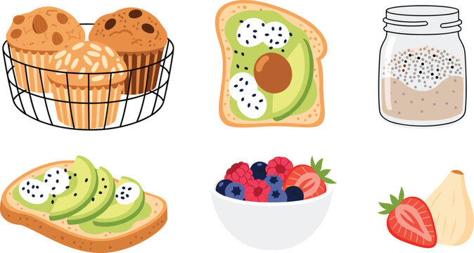 Breakfast assortment: muffins, avocado toast, berries bowl, jar of seeds, strawberry