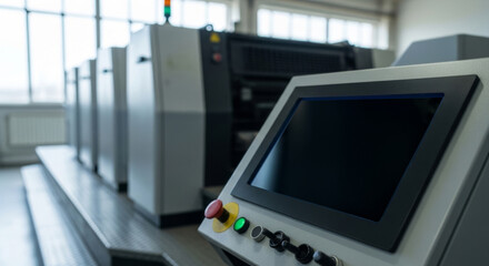 Close-up of a Modern Industrial Printing Machine Control Panel with Clear, Sleek Design and Large Display