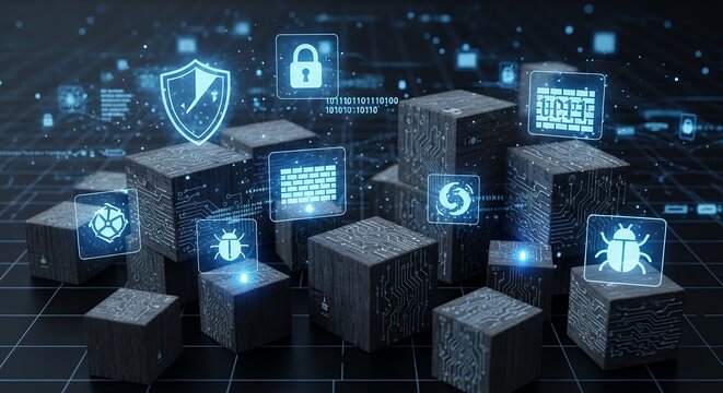 Dark cubes with circuit board textures and glowing icons represent a robust cybersecurity defense system.