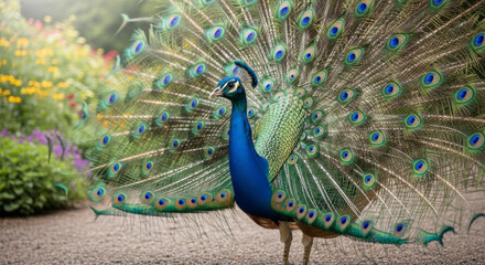 Obraz premium Vibrant Male Peacock Displays Its Exquisite Feathers in a Lush Garden Setting, Showcasing Natures Artistry