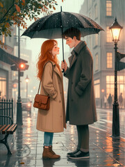 Romantic Couple Sharing Umbrella in Rainy City Street at Dusk