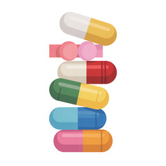 Stacked colorful pills and capsules medicine isolated on a transparent background
