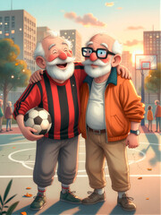 Elderly Friends Laughing Together After Soccer Game at Sunset Court